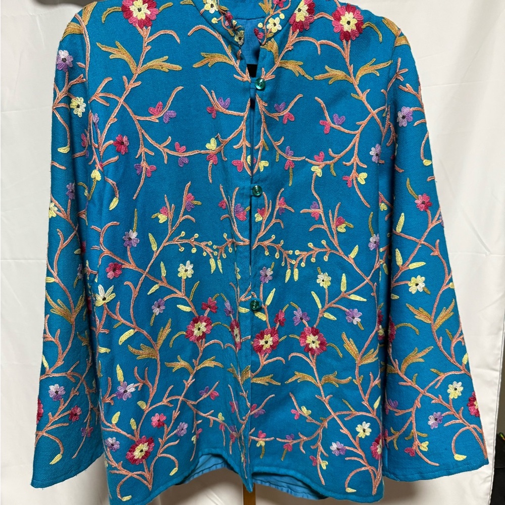 Vintage Floral Embroidered Blue Jacket